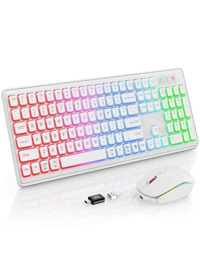 Trueque Wireless Keyboard and Mouse - RGB Backlit, Rechargeable & Light Up Letters, Full-Size, Ergonomic Tilt Angle, Sleep Mode, 2.4GHz Quiet Keyboard Mouse for Mac, Windows, Laptop, PC, Trueque(White) - Image 1